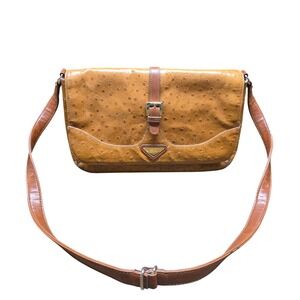 Y2K Vintage M.C. Faux Ostrich Embossed Shoulder Bag Cognac Brown Buckle Flap